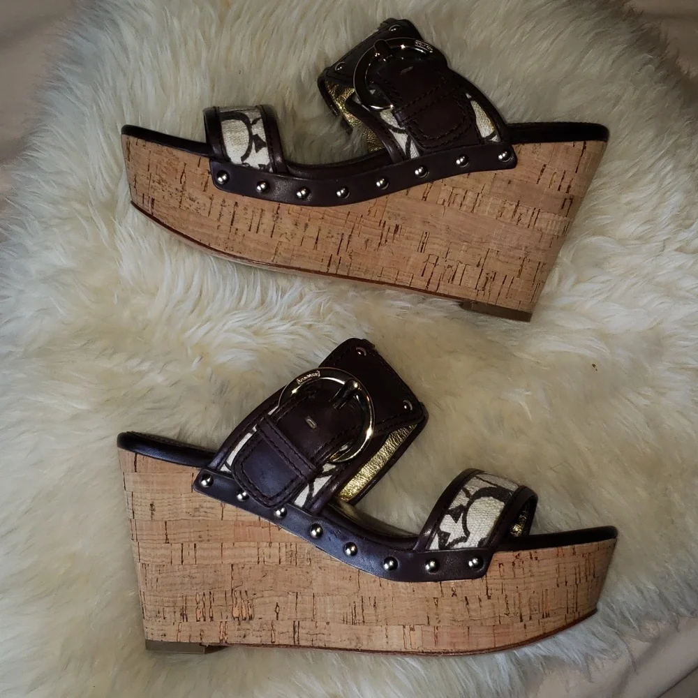 Coach Platform Wedge Open Toe Slide Sandals Brown Tan 6 - Picture 1 of 10